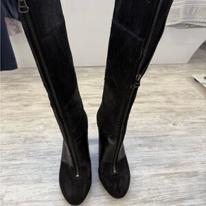 Anne Klein Black Tall Zip-Front Suede Heeled Boots